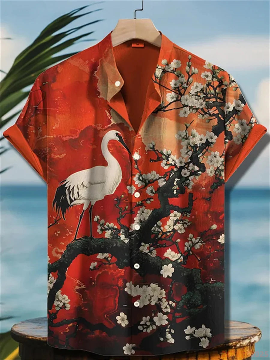 2026 New Japanese Style White Wolf Print Short-Sleeve Shirt for Men, Retro Trendy Anime Style Fashionable Cardigan Vacation Top