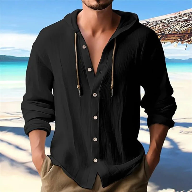 Men's Beach Casual Shirts Cotton Linen Hooded Long Sleeve Shirt Man Fashion Loose Solid Button Cardigan Streetwear Tops Clothing