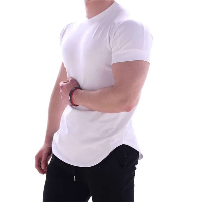 NEW Men Summer T Shirts High Elastic Slim Fit T shirt Men Quick-drying Curved Hem Mens T-Shirts Fitness casual Solid Color tops