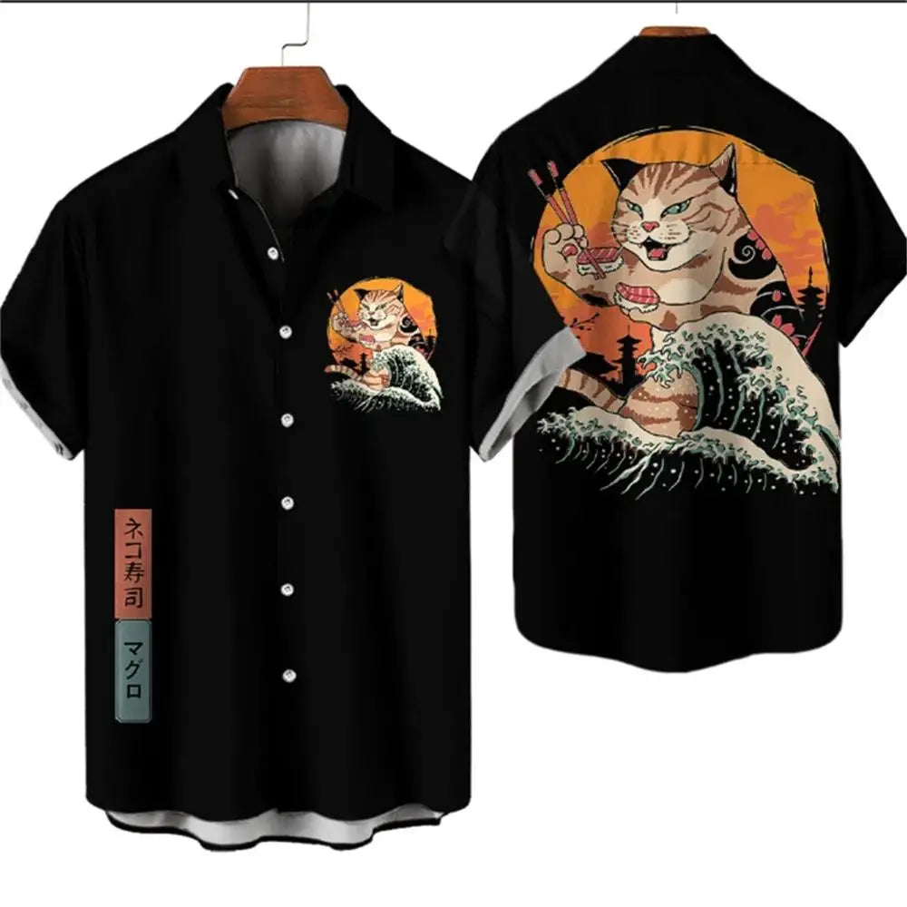 Fashion Men's Clothing Cool Samurai Cat Tops Summer New Men's Clothing Casual Short-Sleeved Anime Loose Blouse Hawaii Beaches