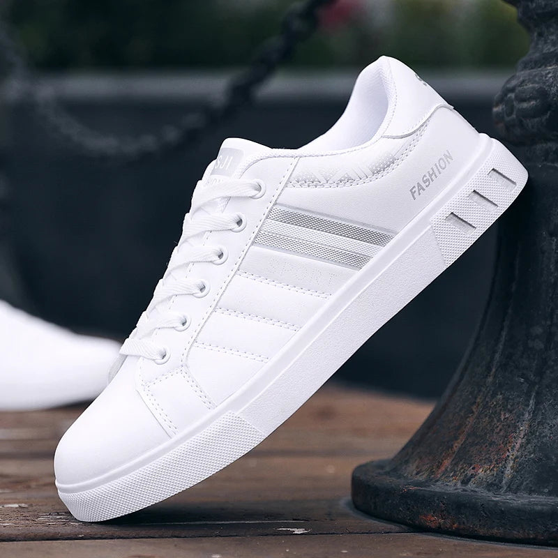 Men's Casual Sports Shoes for Men Lightweight PU Leather Sneakers  Breathable Mens Flat WhiteTennis Shoes