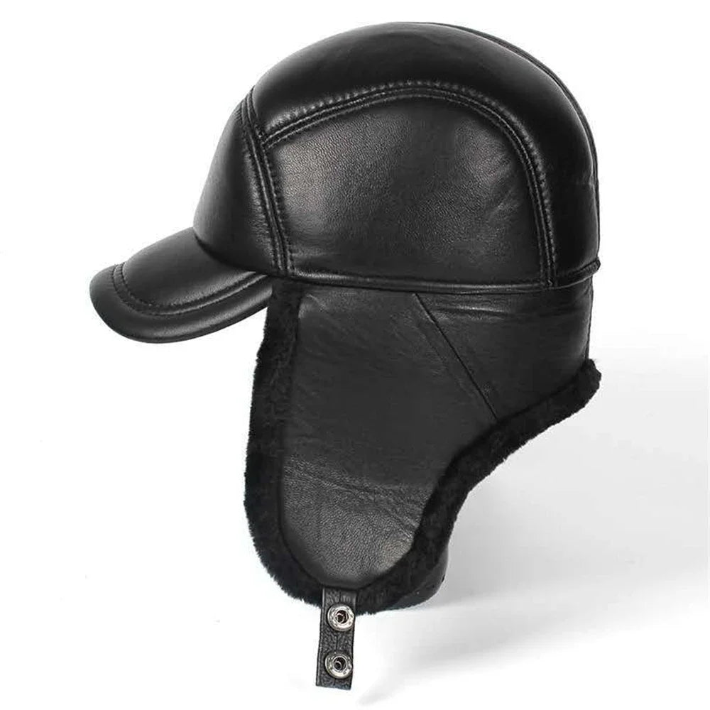 High Quality Genuine Leather Hats Winter First Layer Cowhide Warm Earmuffs Bomber Caps Plus Velvet Thicken Man Bone Caps Dad Hat