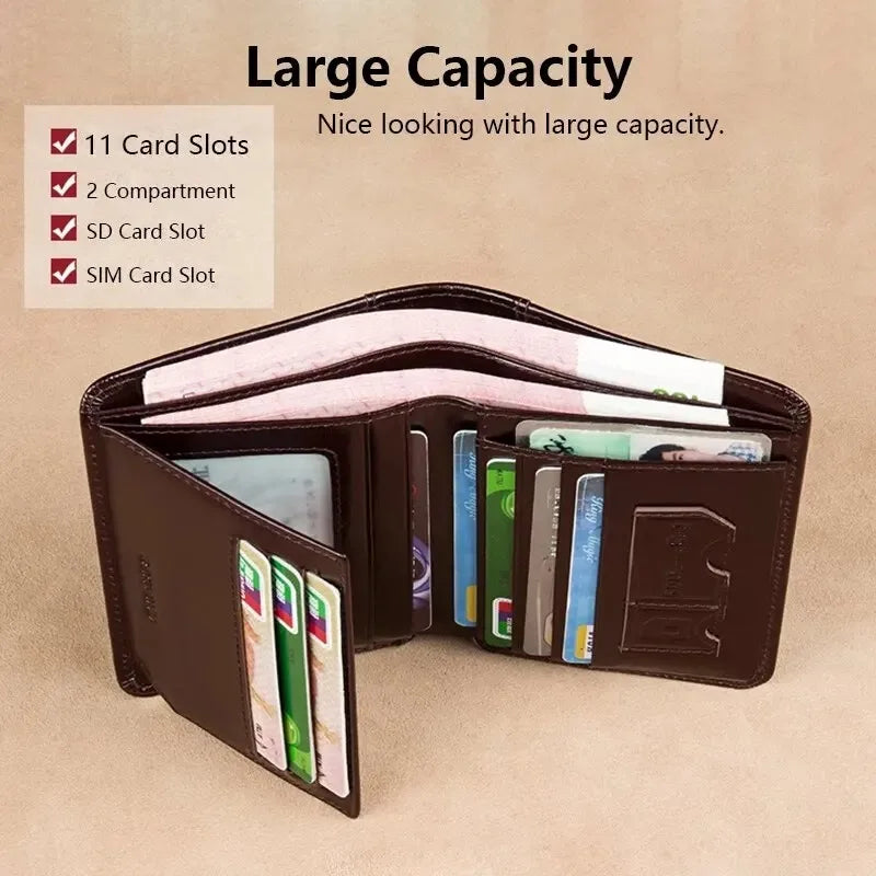 Genuine Leather Wallet for Men with RFID Trifold Business Short Small Cowskin Purse with ID Window and Credit Card Holder