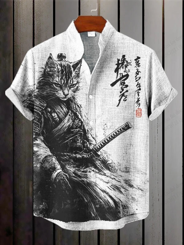 Japanese Style Samurai Cat 3d Print Hawaiian Shirt Men Women Fashion Short Sleeve single-breasted Casual Beach Shirts Men blouse