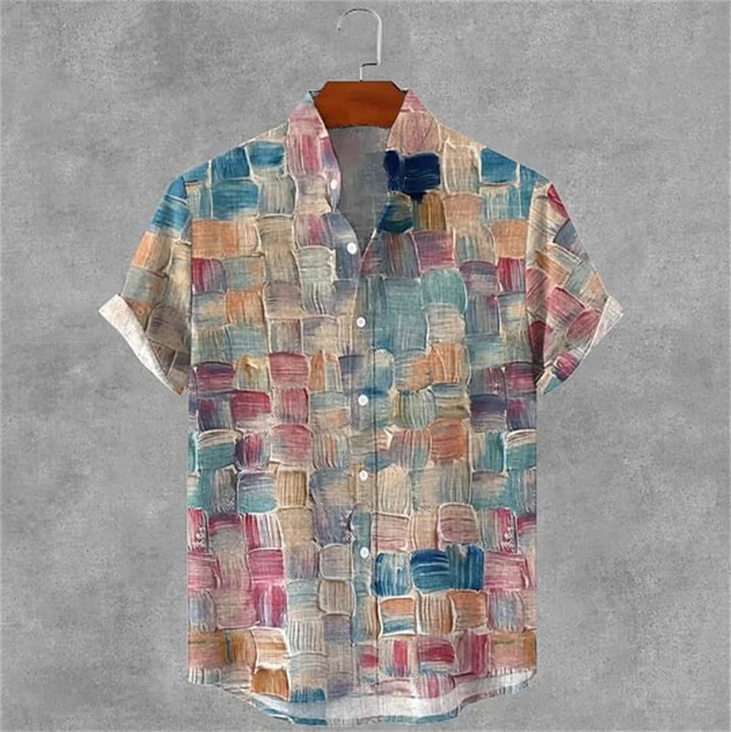New retro and stylish linen short sleeved shirt, men's samurai armor, plum blossom printed casual top