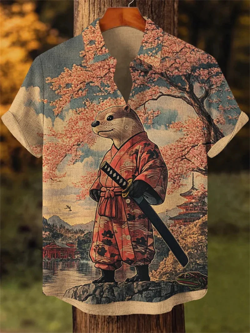 Men's Volcano Animal Pattern Linen Shirt Summer Fashion Short Sleeve Button Collar Shirt Hawaii Casual Shirt Top