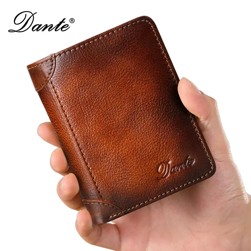 Dante Men's Leather Wallet RFID Anti-theft Brush Head Layer Cowhide Retro Casual Vertical Multi-Function Money Bag Money Clips