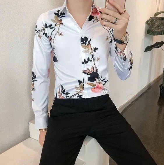 Shirts For Men White With Print Man Shirt Long Sleeve Printed New In Collar Asia S Korean Popular Clothes Trend Original Tops