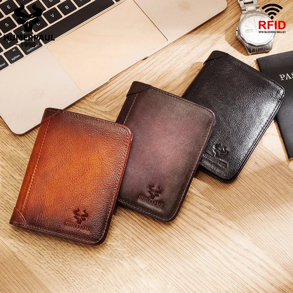 HUMERPAUL Slim Soft Real Leather Wallet for Men RFID Blocking Bifold Multi-card Card Holder ID Purse Male Thin Front Pocket