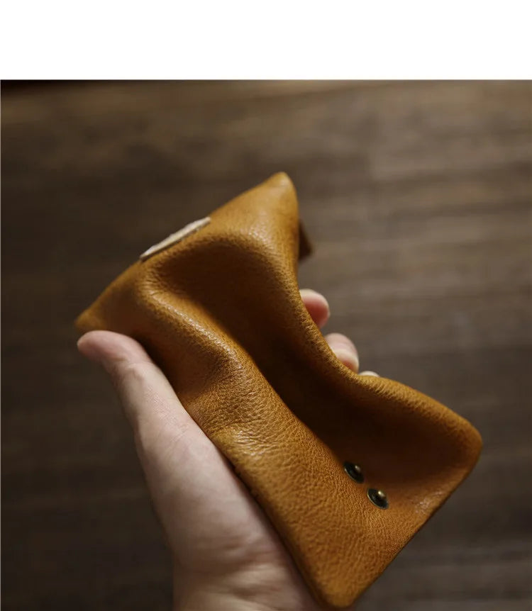 2025 Handmade Wallet Men's Short Leather Triple Fold Money Clip Cowhide Youth Buckle Student Vertical Vegetable Tanned Leather