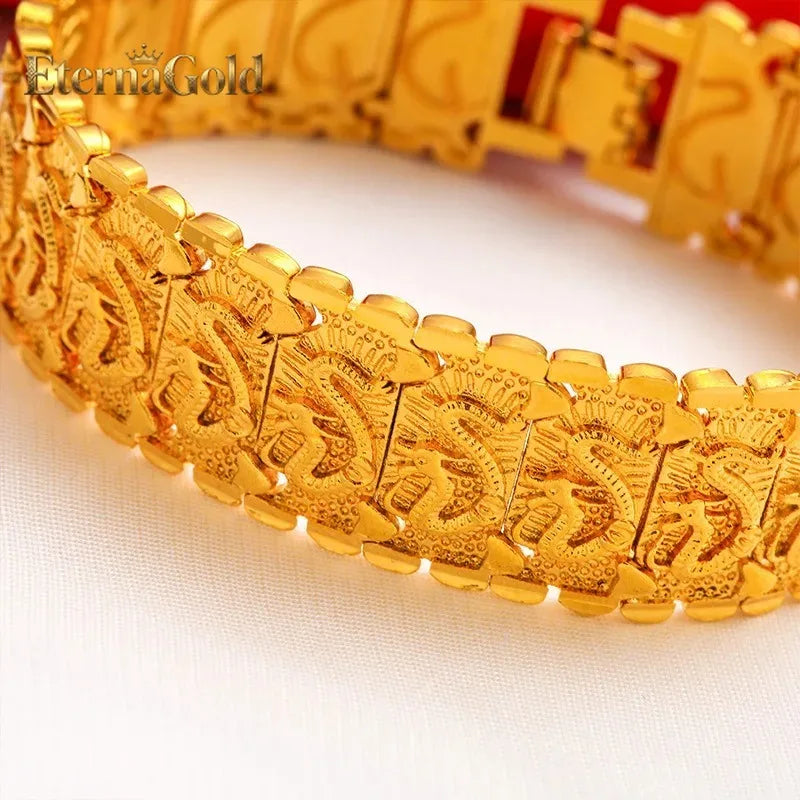 EternaGold Men's 24K Gold (AU999) Overbearing Long Dragon Watch Chain | Gold-inlaid dragon eyes, hammered dragon bone with adjus