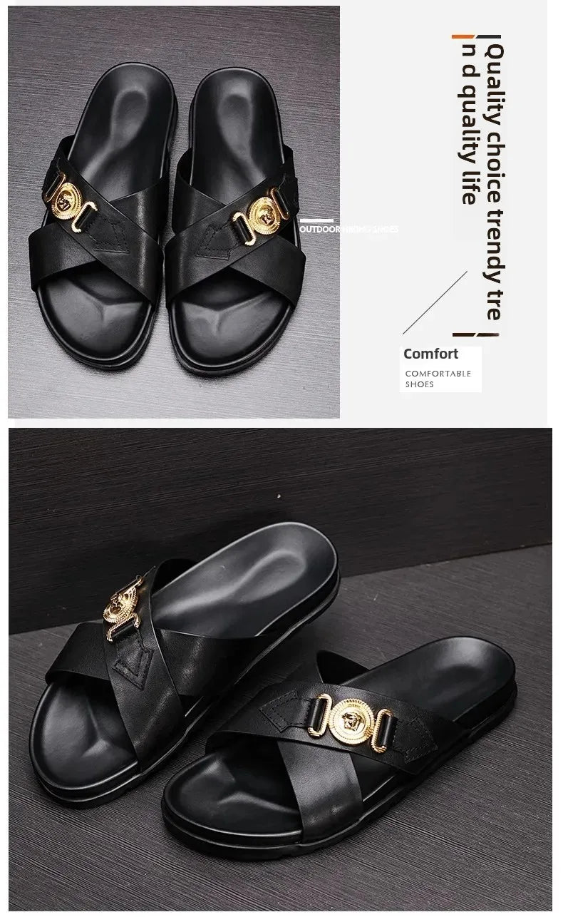 Trendy Versatile Men's Slippers Soft Sole One-Piece Genuine Leather Beach Shoes Cross Strap Casual Shoes Summer 2024