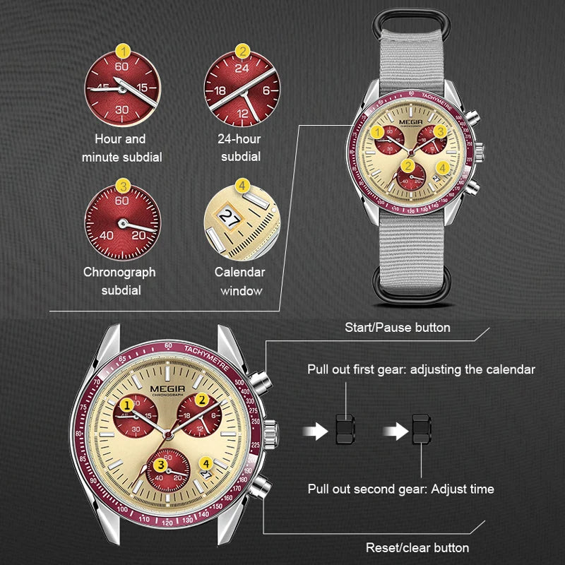 MEGIR New Luxury Men's Watches Canvas Weaving Strap Sport Automatic Chronograph Quartz Waterproof Wristwatch for Male 2247