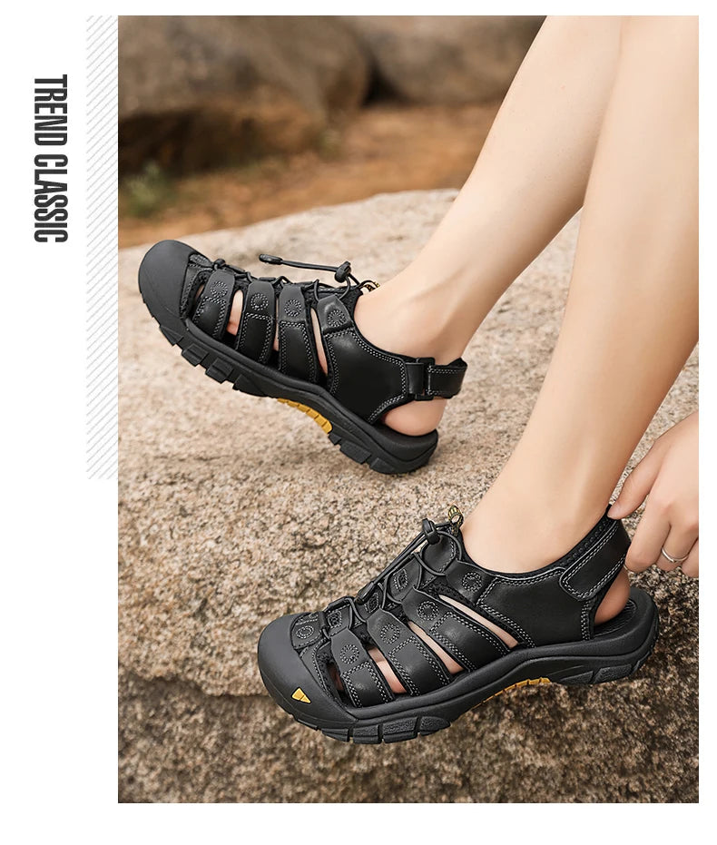 Men's Sport Sandals Outdoor Hiking Sandals Closed Toe Leather Fashion All-match Light Trail Walking Casual Sandals Water Shoes