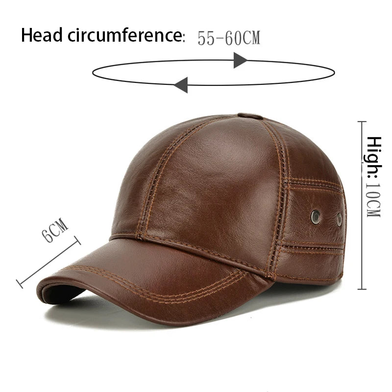 2025 New Style Men Cowhide Hat Winter Warm Outdoor Protect Ear Real Leather Adjustable Baseball Cap Men Real Cowhide Leather Cap