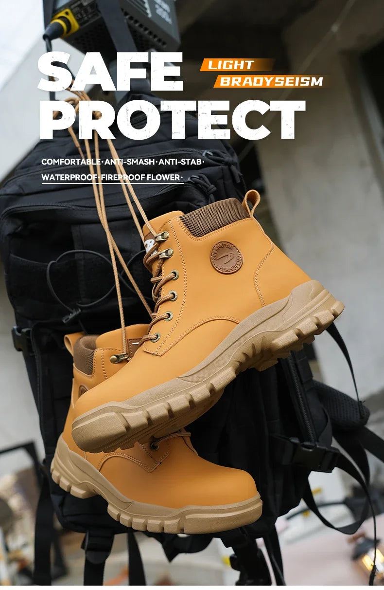 Work Safety Boots for Men, Anti-smash Steel Toe Shoes, Puncture-proof, Indestructible, Waterproof Sneakers Brown Boots