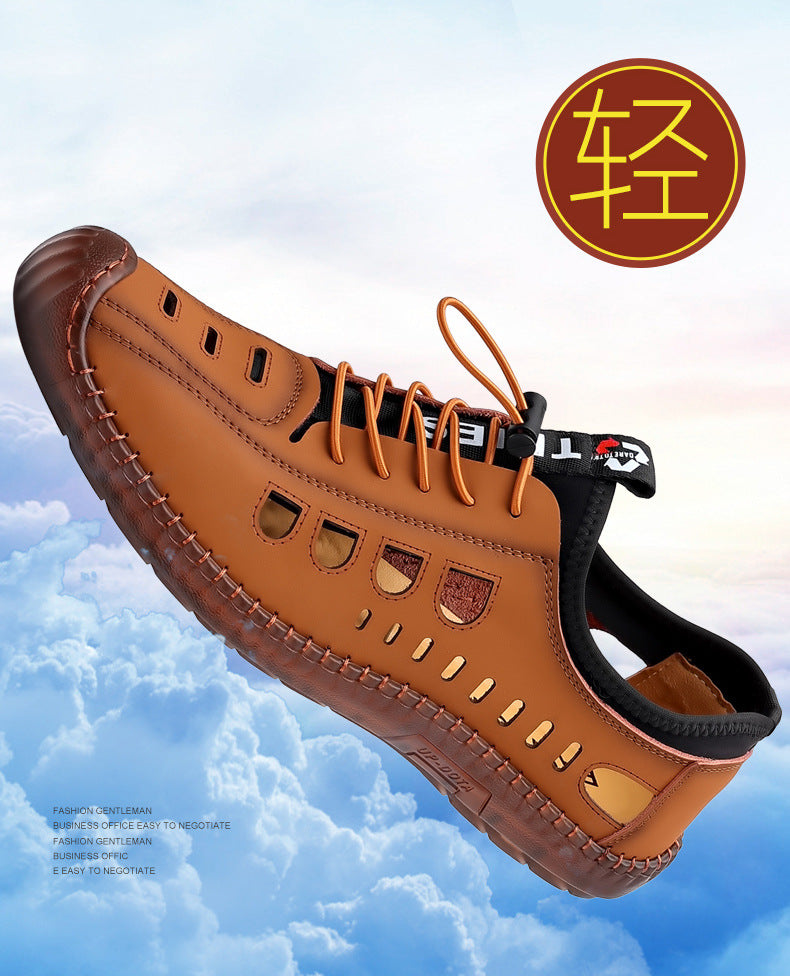 Men's Soft Leather 2024 Summer Men Leather Sandals Breathable Non-slip Cow Tendon Sole Casual Leather Shoes Outdoor Beach Shoes