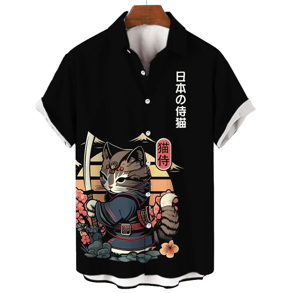 Fashion Cool Samurai Cat Graphic Shirt Japanese Style y2k Men's Streetwear Summer Casual Short Sleeve Buttons Hawaiian Shirts