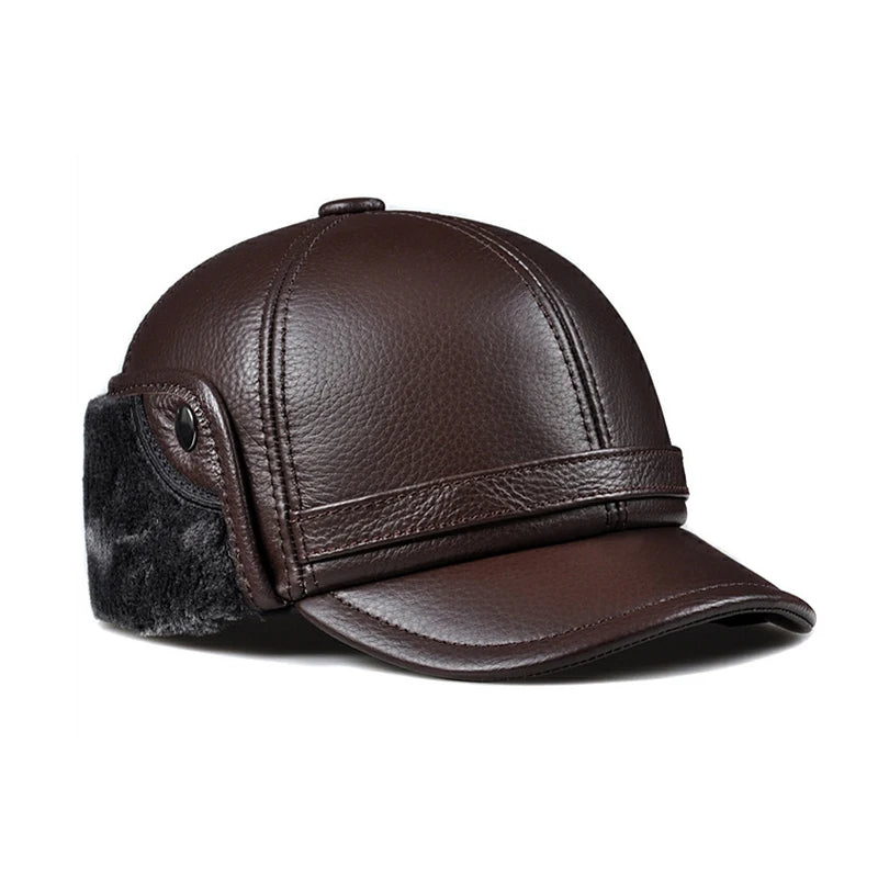 High Quality Genuine Leather Hats Winter First Layer Cowhide Warm Earmuffs Bomber Caps Plus Velvet Thicken Man Bone Caps Dad Hat