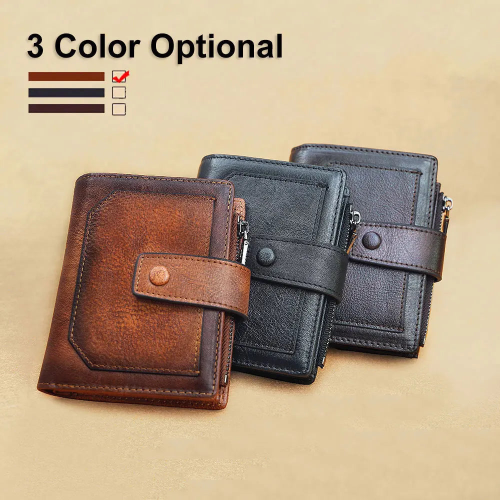 Vintage 100% Genuine Leather Men's Wallet RFID Blocking Trifold Short Multi Function Money Clip Large Capacity Zipper Coin Purse