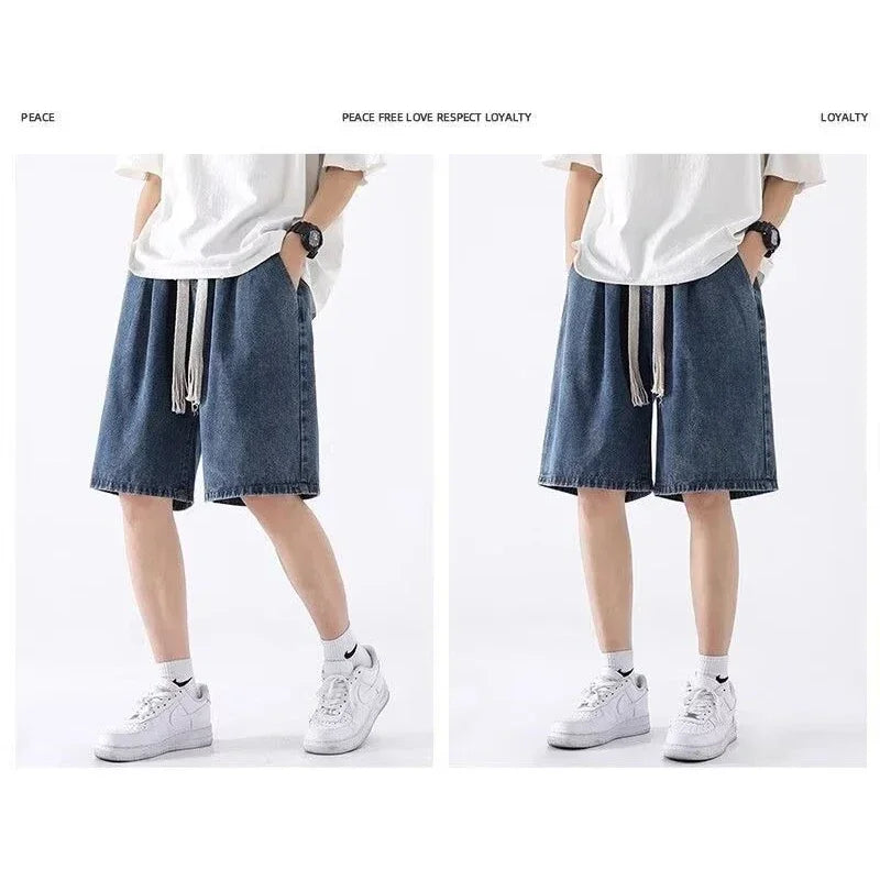 Men New Casual Shorts Male Summer Fashion Straight Leg Five Quarter Loose Fit Denim Pants High Street Wide Leg Baggy Pants