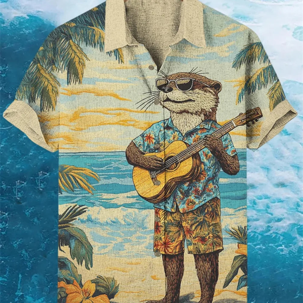 Men's Japanese Retro Art Samurai Cat Printed Linen Shirt Short Sleeve Button up Classic Lapel Design Street Casual Social Top