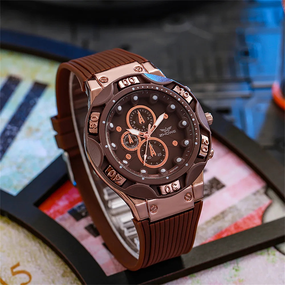 Men's Sports Watches Fashionable 2025 New Triple Bezel Design Quartz Watch Brown Silicone Military Clock Men Watches