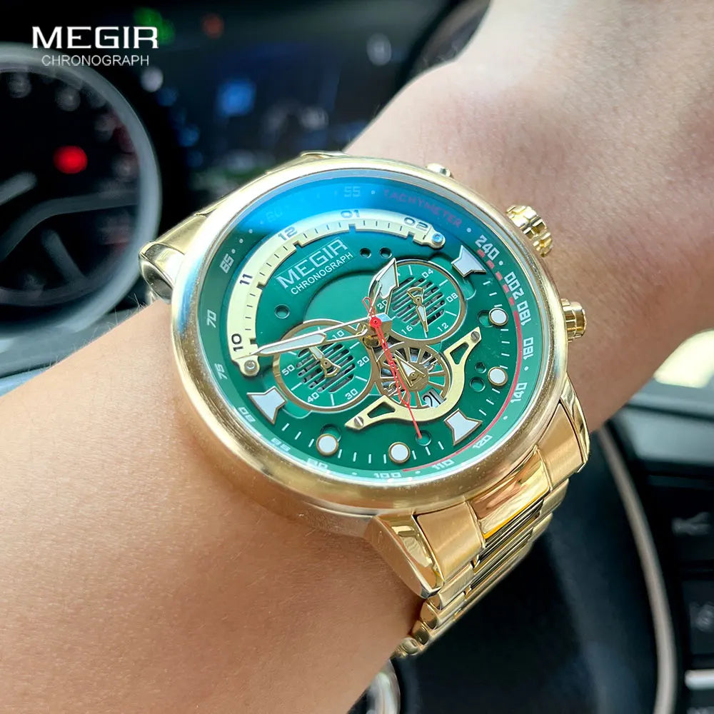 MEGIR Men's Watch Fashion Waterproof Chronograph Quartz Wristwatch with Auto Date Stainless Steel Strap Luminous Hands 24-hour