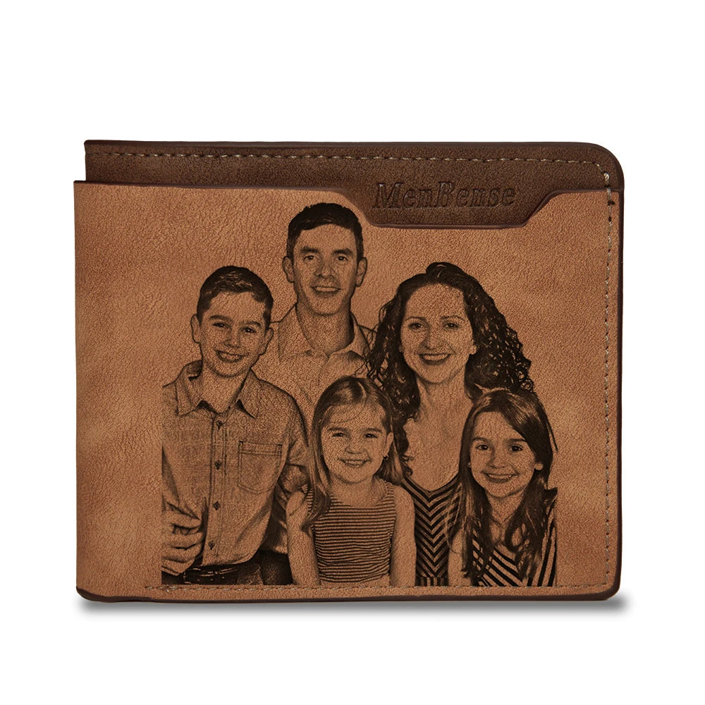 Customized Wallet Photo Mens Brown Short Waterproof Multi-Function Matte PU Leather Engraving Picture Personalized Purse For Men