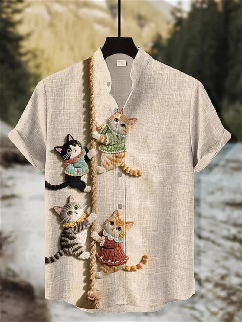 Men's Fun Black Cat Warrior Art 3D Animal Printed Casual Shirt Summer Men's Short sleeved Shirt Hawaiian Top