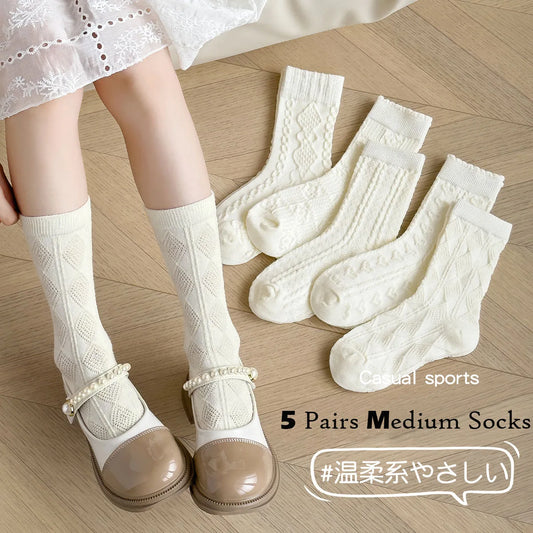 5 Pairs Girls Socks Solid White Cotton Socks A Class Socks Baby Autumn Mid Calf Socks Children Medium Socks Baby Kids Socks