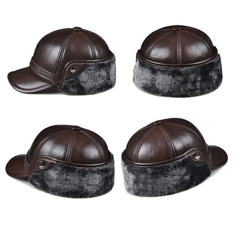 High Quality Genuine Leather Hats Winter First Layer Cowhide Warm Earmuffs Bomber Caps Plus Velvet Thicken Man Bone Caps Dad Hat