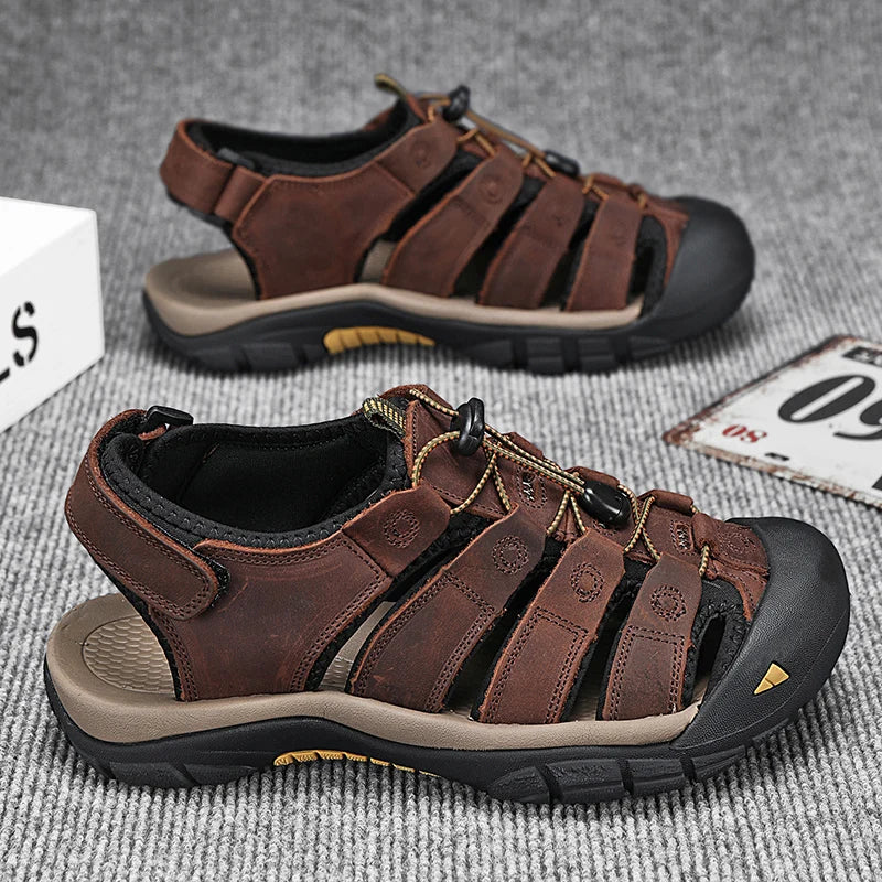 Men's Sport Sandals Outdoor Hiking Sandals Closed Toe Leather Fashion All-match Light Trail Walking Casual Sandals Water Shoes