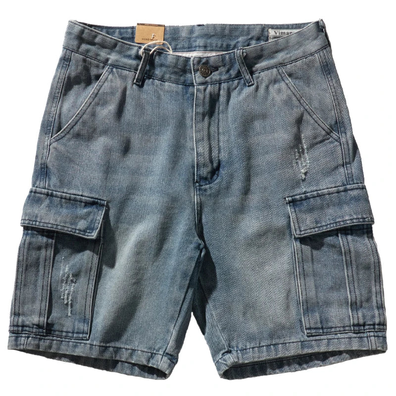 Shorts for denim men's tooling, cat's whiskers, straight pants, old retro pants, versatile multi-bag pants.