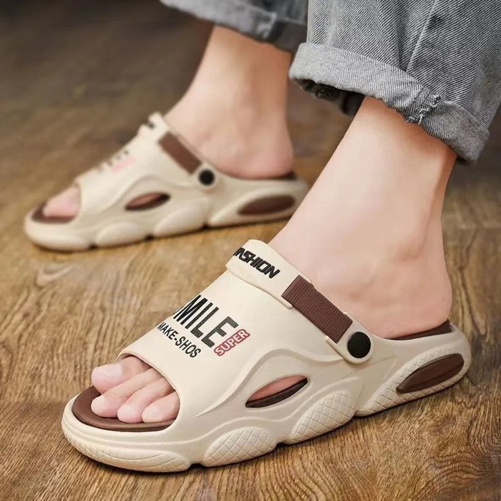 2025 new men's slippers for summer outdoor wear, driving for home use, anti slip, thickened beach sports, outdoor sandals