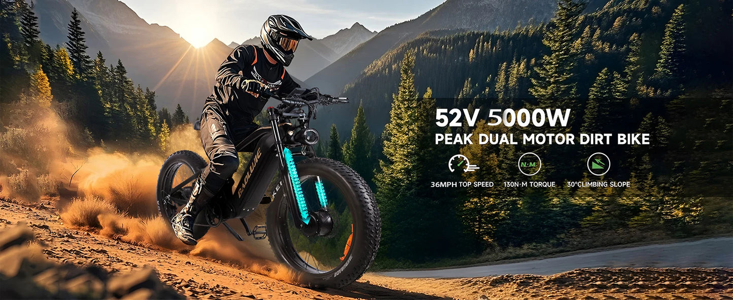 BAOLUJIE P2 Adults Electric Bike 5000W Peak Dual Motors  52V23AH Battery Up to 36 mph Electric Bicycle Dual Shock Absorber Ebike