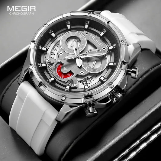 MEGIR New Sport Watches for Men Fashion Chronograph Quartz Wristwatch with Silicone Strap Luminous Hands Calendar Waterproof