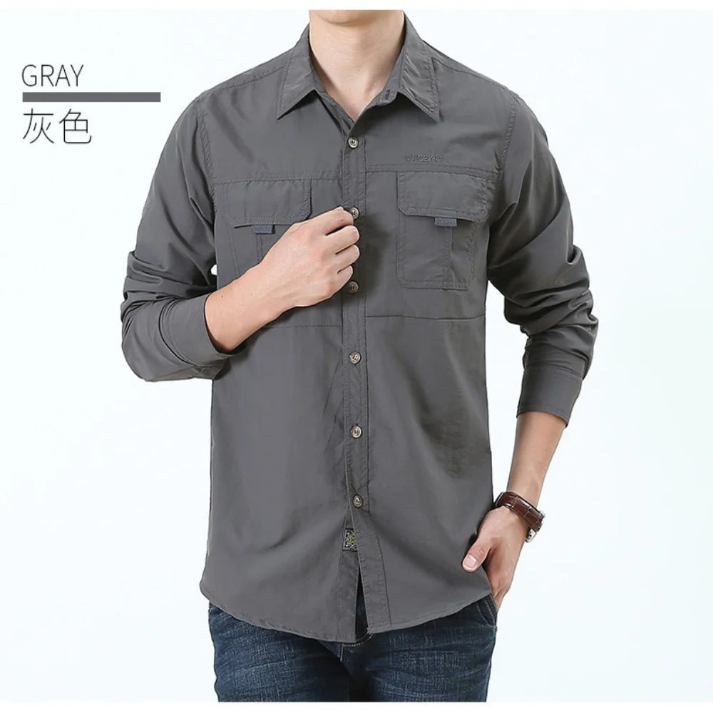 Men Shirt Outdoor Workwear Shirt for Men Quick Dry Breathable Waterproof Long Sleeve Top with Big Pockets Lapel Plus for Spring