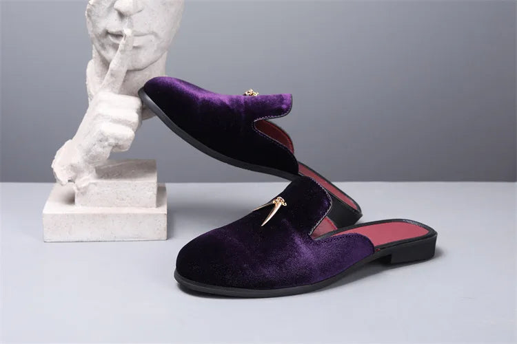 Fashion New Men Velvet Tassels Half Slippers Loafer Male Casual Purple Green Blue Black Mules Moccasins Breathable Driving Shoes