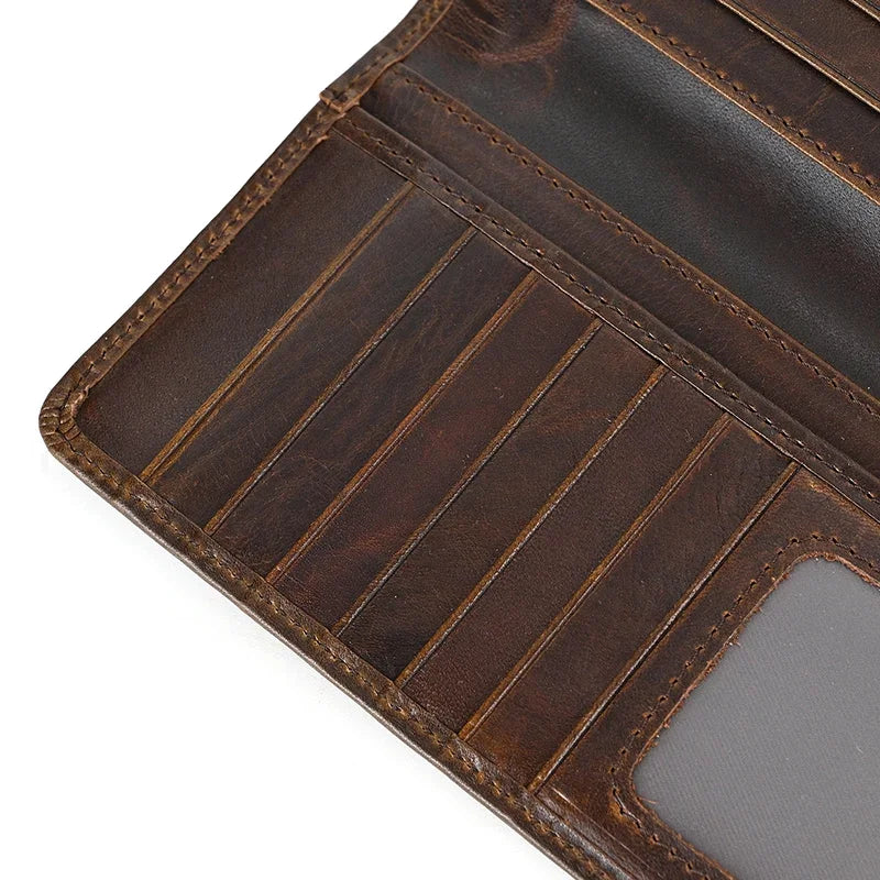 Casual Long Wallet Men Mobile Phone Male Long Purse Bifold Card Wallet Natural Cow Skin Leather Purse Men Business  Card Holder
