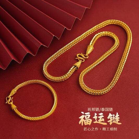 Luxury 24K 9999 Pure Gold real gold Fortune 60cm Chain Men's Necklace Square Snake Bone Bracelet Large