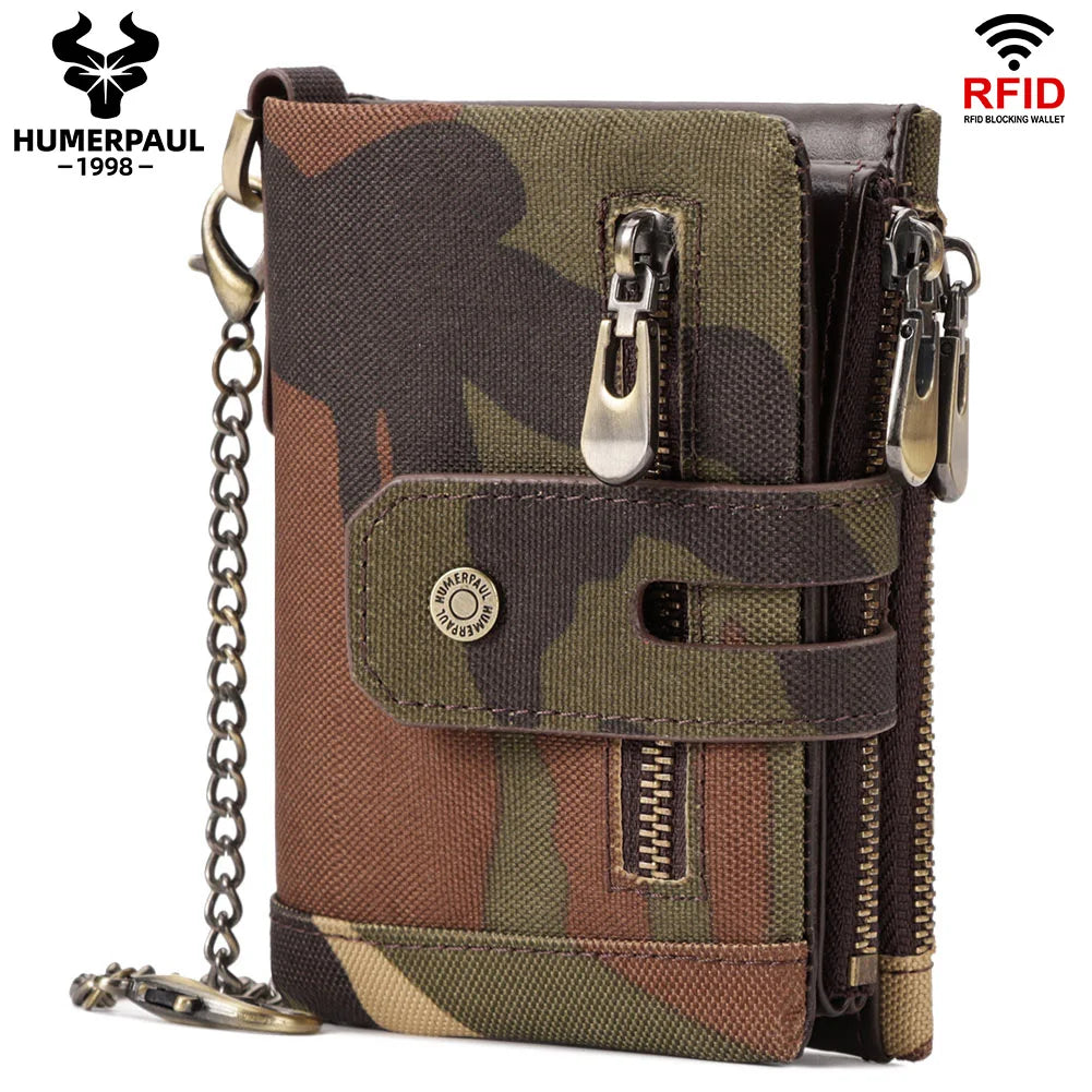 LAREET Fashion Genuine Leather Wallet With Cowhide For Men Money Card Holder Purse RFID Short Double Zipper Coin Pocket Bifold