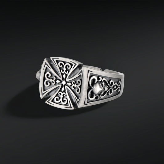 Retro Croix de Guerre Rose Pattern Adjustable Open Ring For Men Silver-plated Copper Punk Gothic Edgy Jewelry Accessories Gift