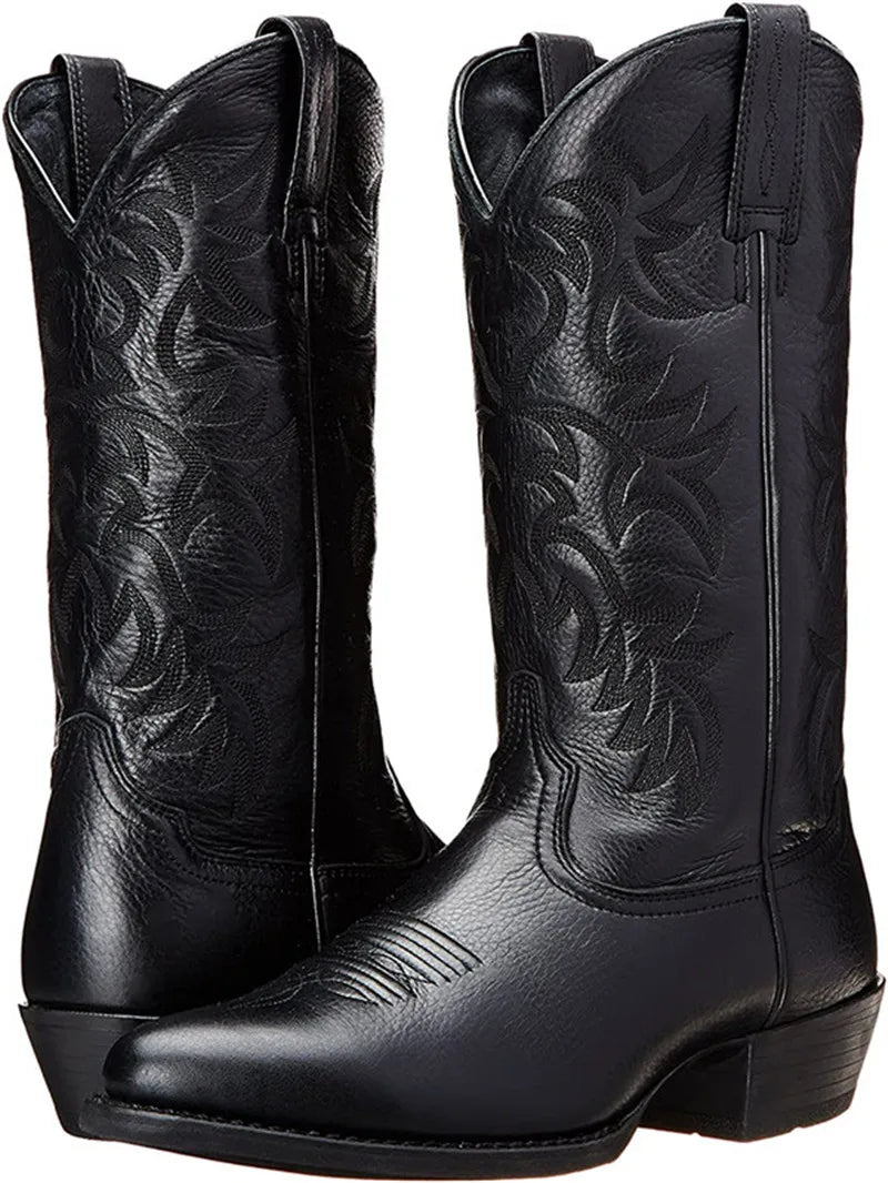 Men Boot 2025 Mid Calf Western Cowboy Motorcycle Boots Male Autumn Outdoor PU Leather Totem Med Heel Fashion Designed Men Boots