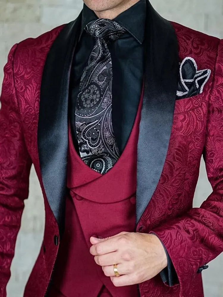 Hot Selling Men Suits Pattern and Black Groom Tuxedos Shawl Satin Lapel Groomsmen Wedding Best Man ( Jacket+Pants+Vest+Tie) C691