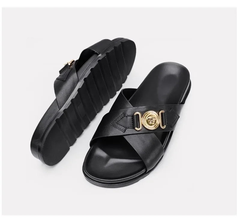 Trendy Versatile Men's Slippers Soft Sole One-Piece Genuine Leather Beach Shoes Cross Strap Casual Shoes Summer 2024