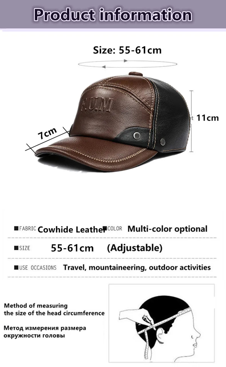 New Autumn Winter Men's Genuine Leather Cap Natural Cowhide Baseball Caps Thickened Warm Coldproof Ear Protection Earmuffs Hats