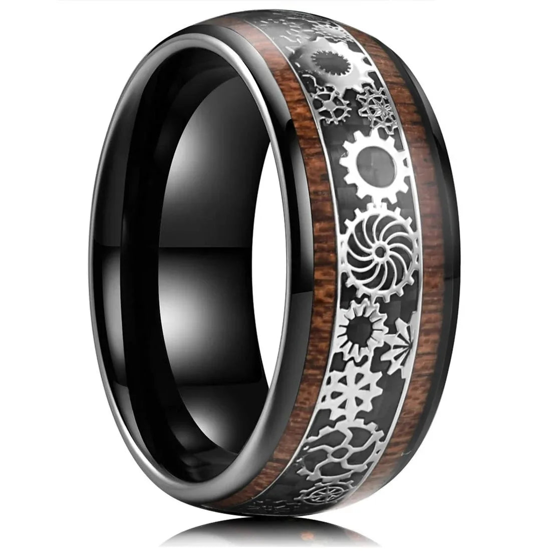Fashion Deer Family Black Hunting Stainless Steel Rings for Men Women KOA Wood Inlay Beveled Polished Edge Wedding Bands Jewelry