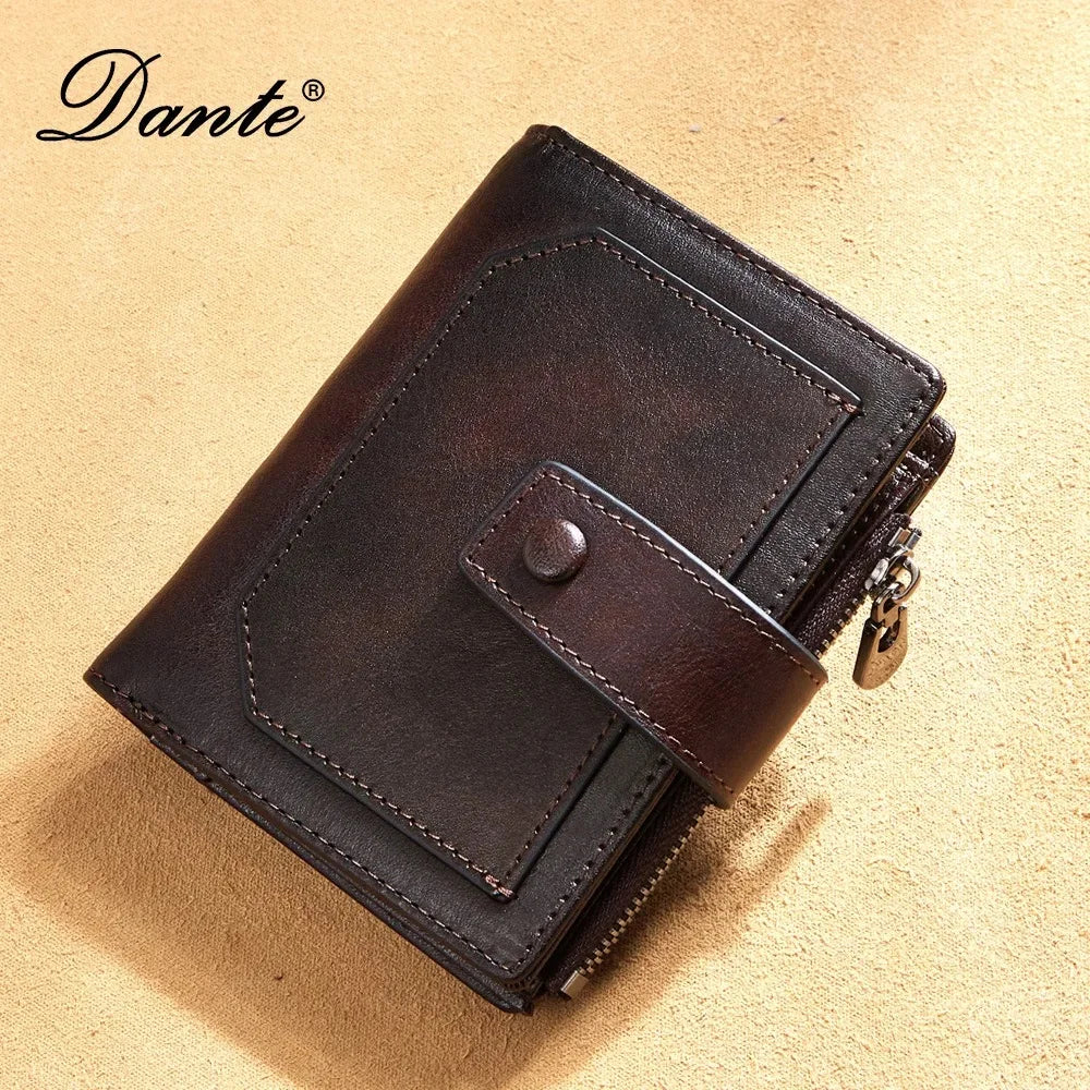 Vintage 100% Genuine Leather Men's Wallet RFID Blocking Trifold Short Multi Function Money Clip Large Capacity Zipper Coin Purse