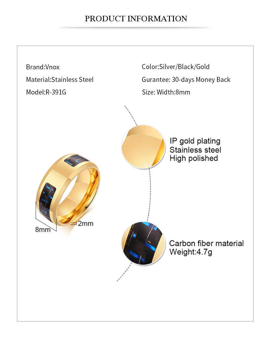 Vnox Customize Logo 8mm Men's Ring Carbon Fiber Wedding Band Personalized Simple Icon Image Meaningful Gift to Husband Dad